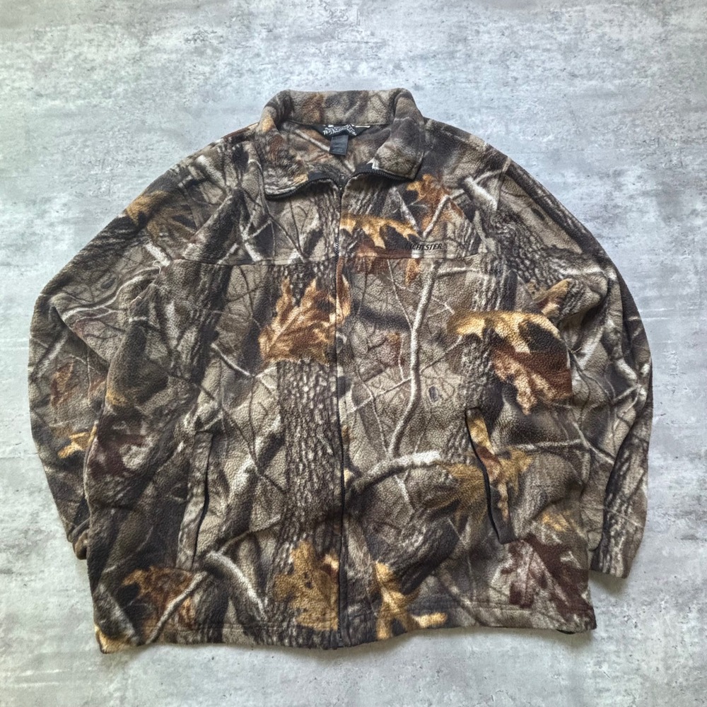 Winchester Fleece Jacket Large Brown Camo Full Zip Woodland Hunting Mens
